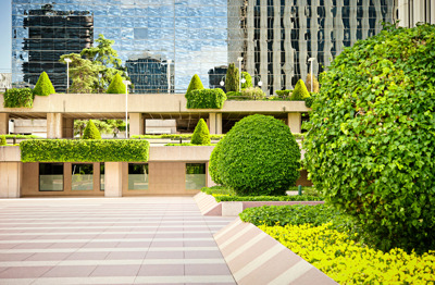 Vielseitig angelegte Grünanlage vor einem Bürogebäude